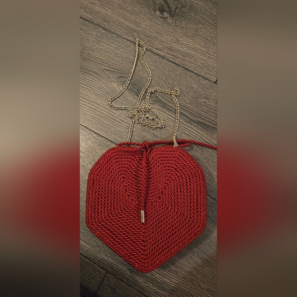 Zara Women Woven Red Heart Chain Purse With Tie - Picture 11 of 13